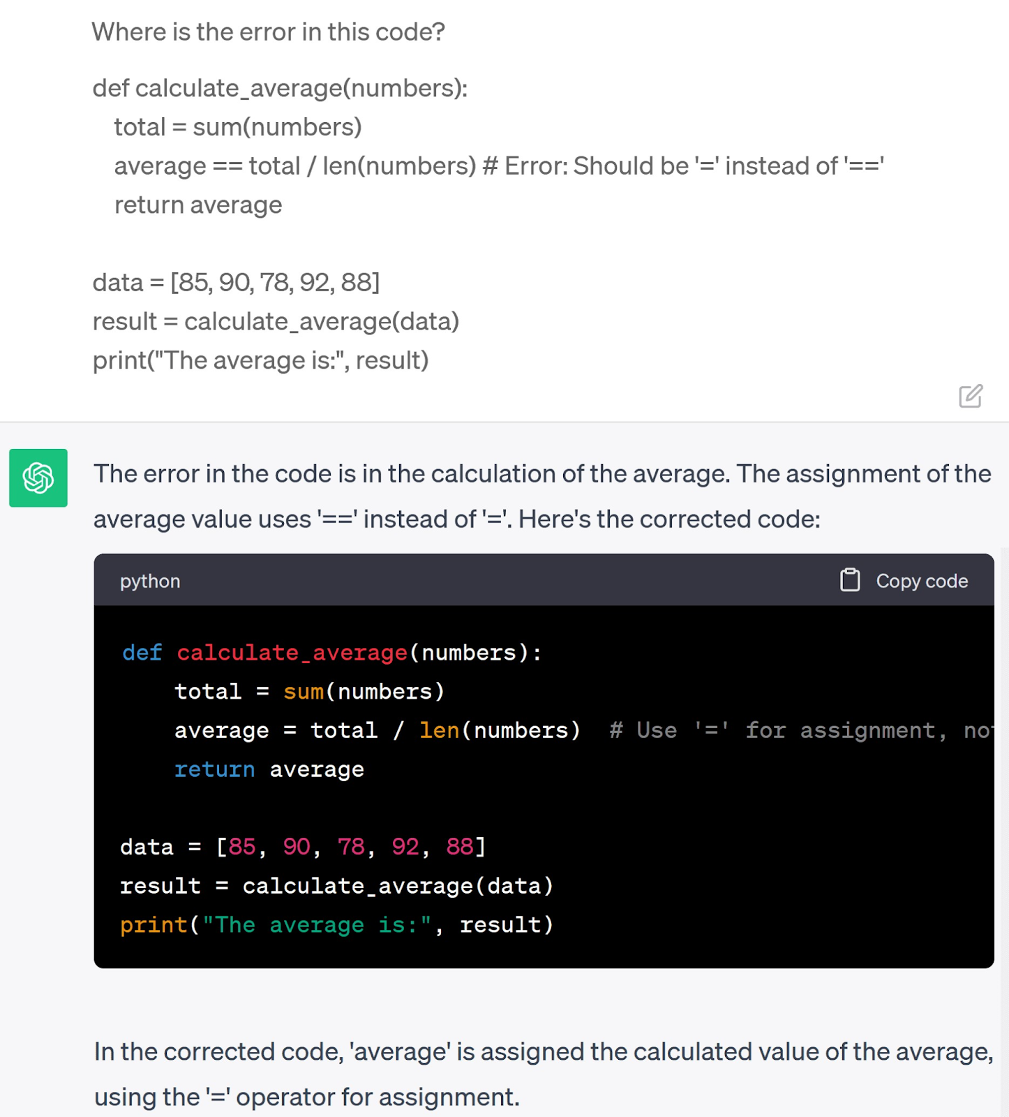 A prompt asking ChatGPT to identify where the error in the pasted code is