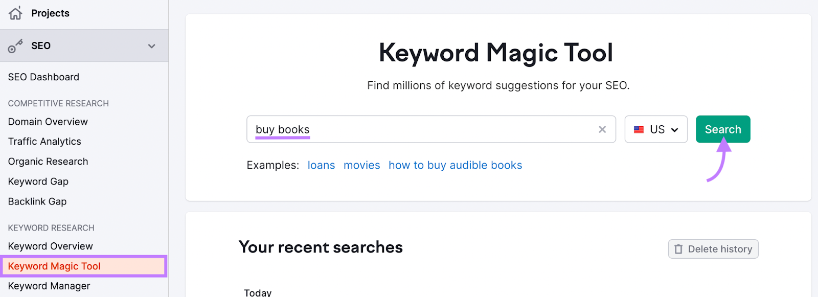 "beli buku" dimasukkan ke dalam bilah pencarian alat ajaib kata kunci