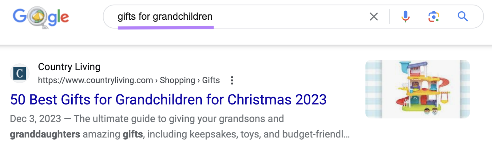 Google's first search result for "gifts for grandchildren" query
