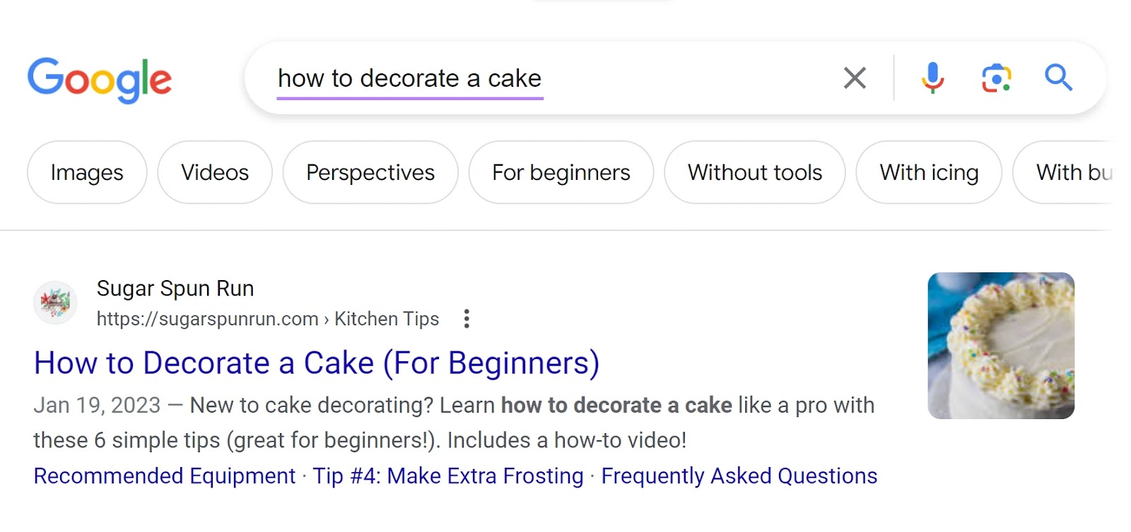 Top of Google's SERP result for "how to decorate a cake"