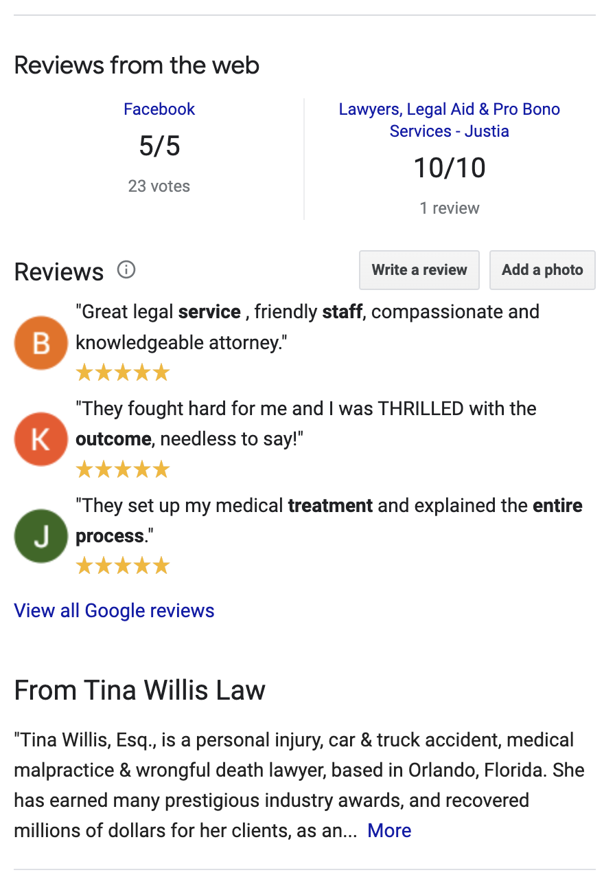 reviews on a lawyers google business profile