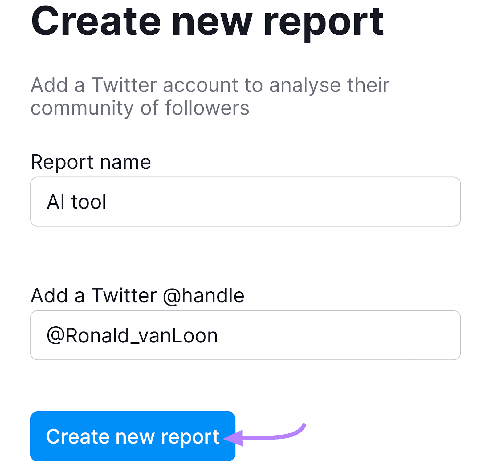 Audience Intelligence UI for creating a new report with inputs for name and Twitter handle, and a "Create new report" button.