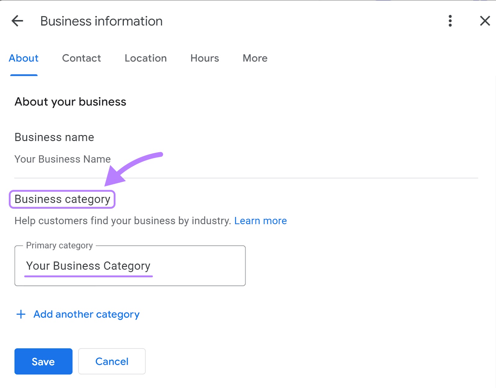 "Business category" section highlighted under "Business information" page