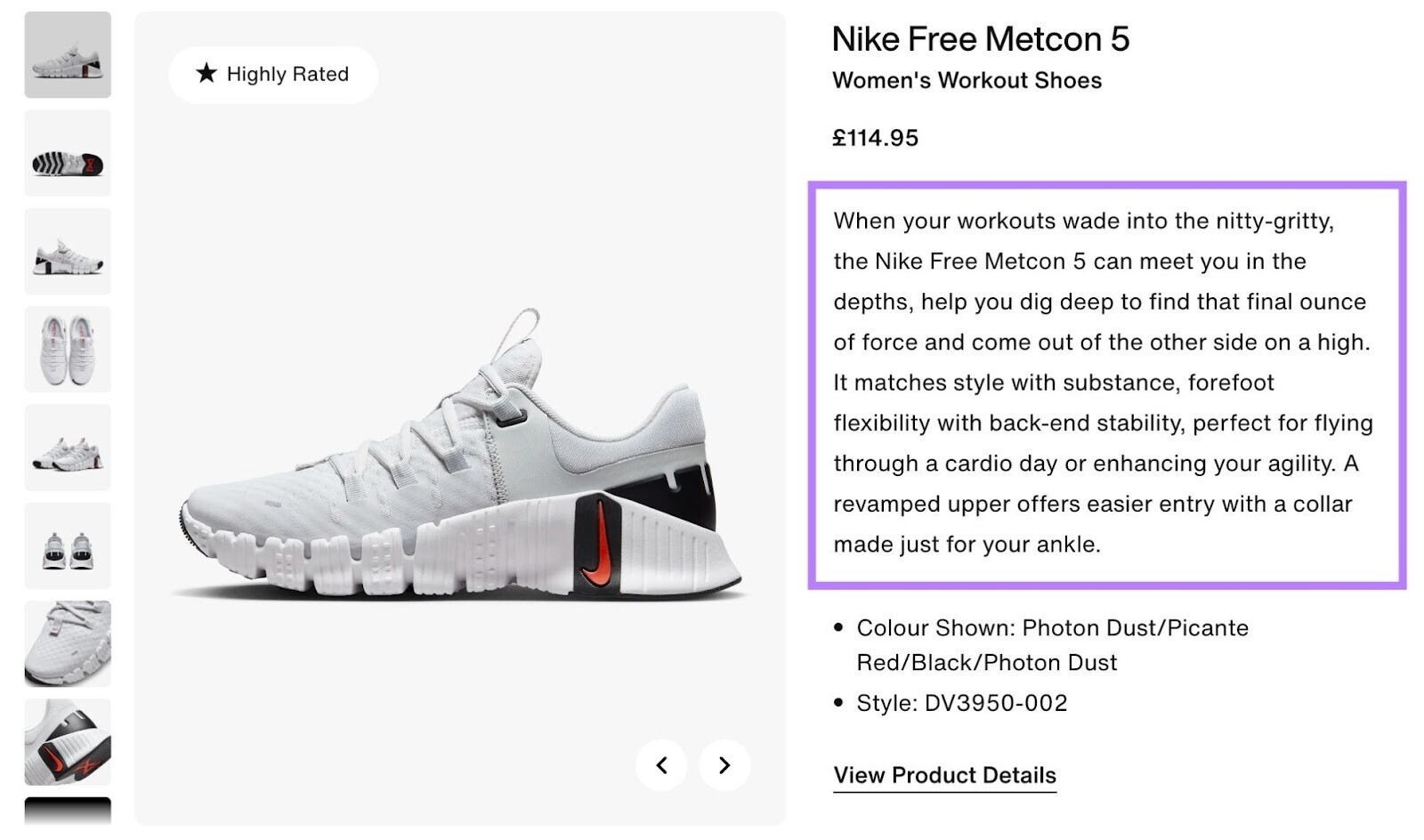 Product description for trainers, which begins: "When your workouts wade into the nitty-gritty, the Nike Free Metcon 5 can meet you in the depths..."
