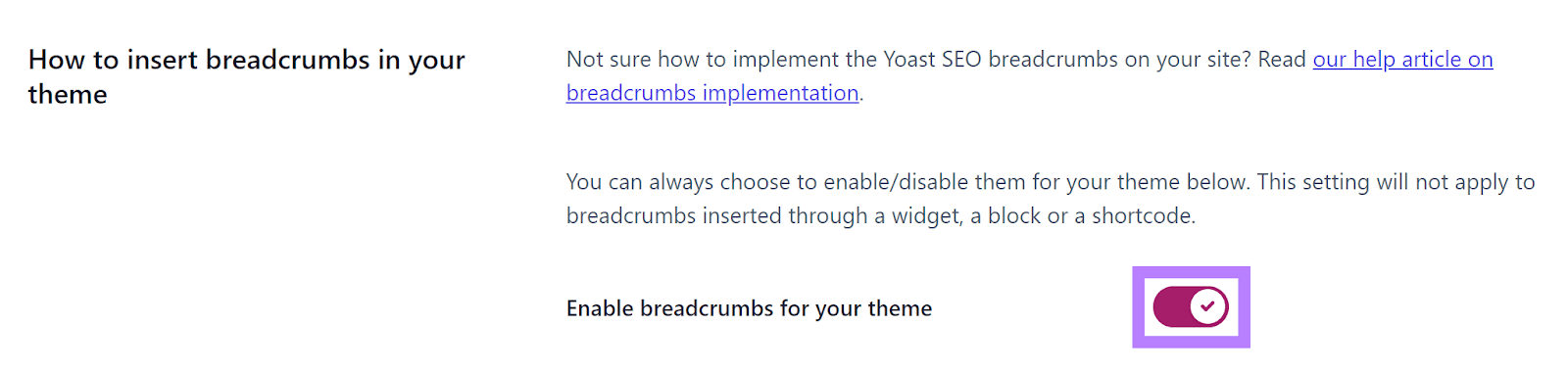 Breadcrumbs settings page in Yoast SEO, with the “Enable breadcrumbs for your theme” option highlighted