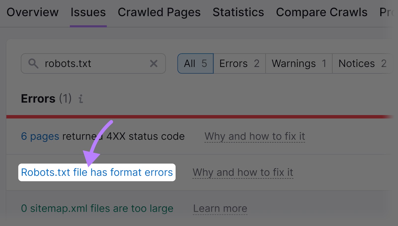 "Robots.txt file has format errors" text highlighted