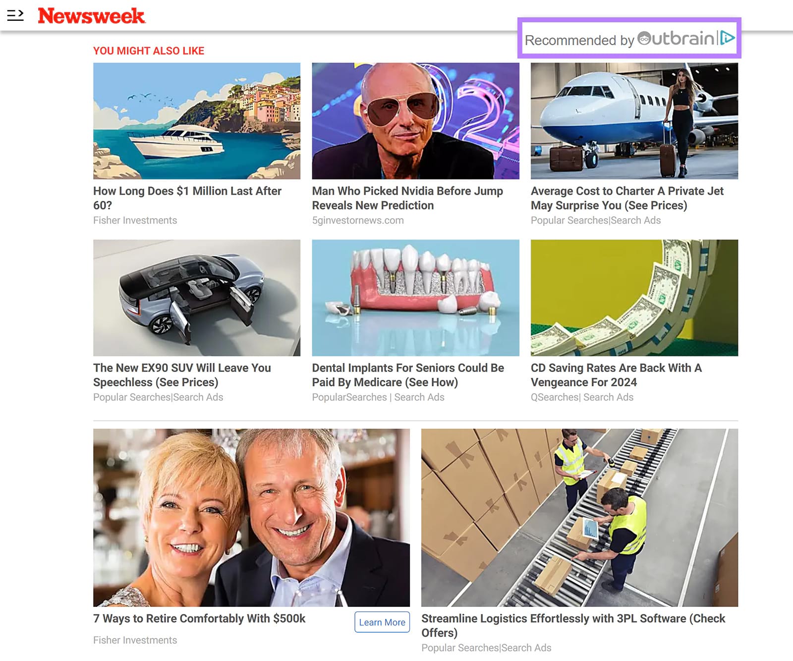 Newsweek content recommendations showing Recommended by Outbrain.