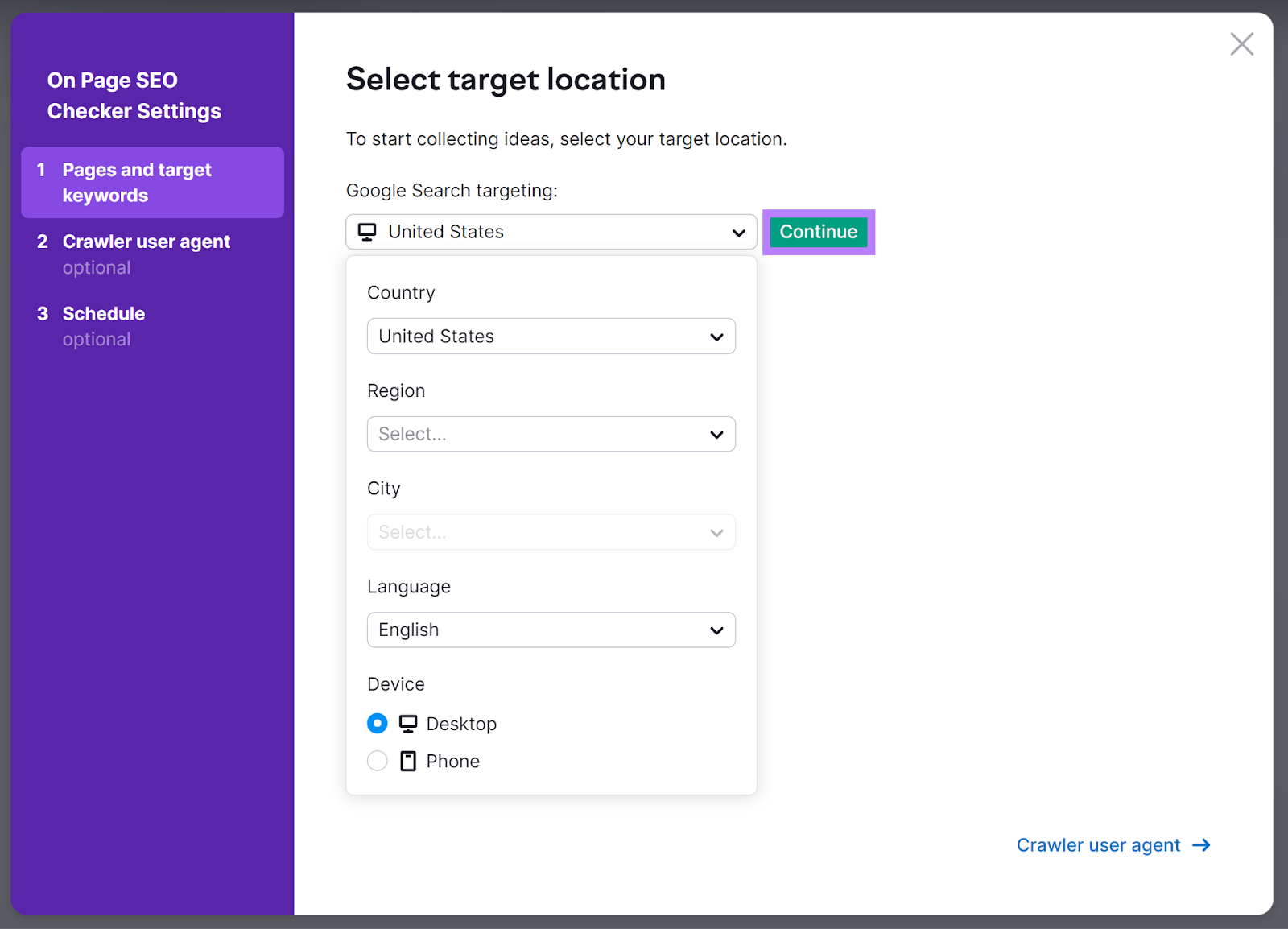 Select target location popup showing location dropdown and Continue button highlighted