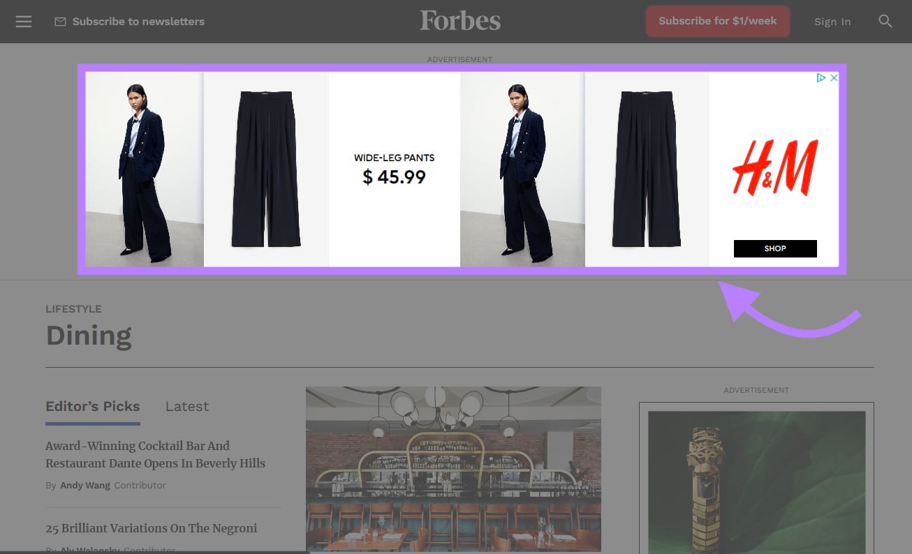 A retargeting display ad from, clothing brand, H&M appearing on Forbes.