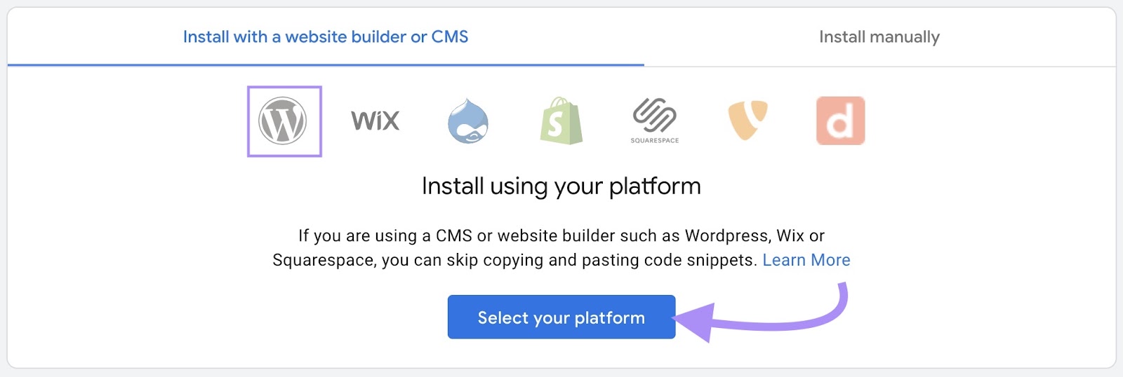“Install with a website builder or CMS" tab