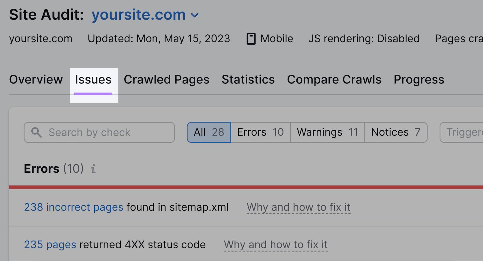 “Issues” tab highlighted in Site Audit tool