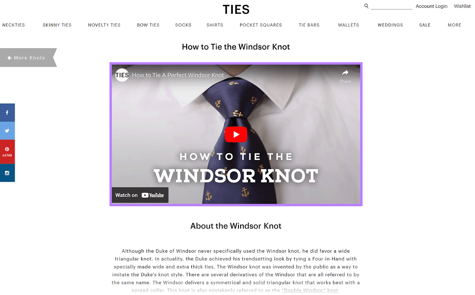 How to tie a Windsor knot blog post with embedded YouTube video.