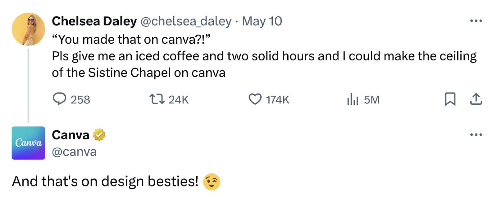 A user tweets about their Canva experience and Canva replys