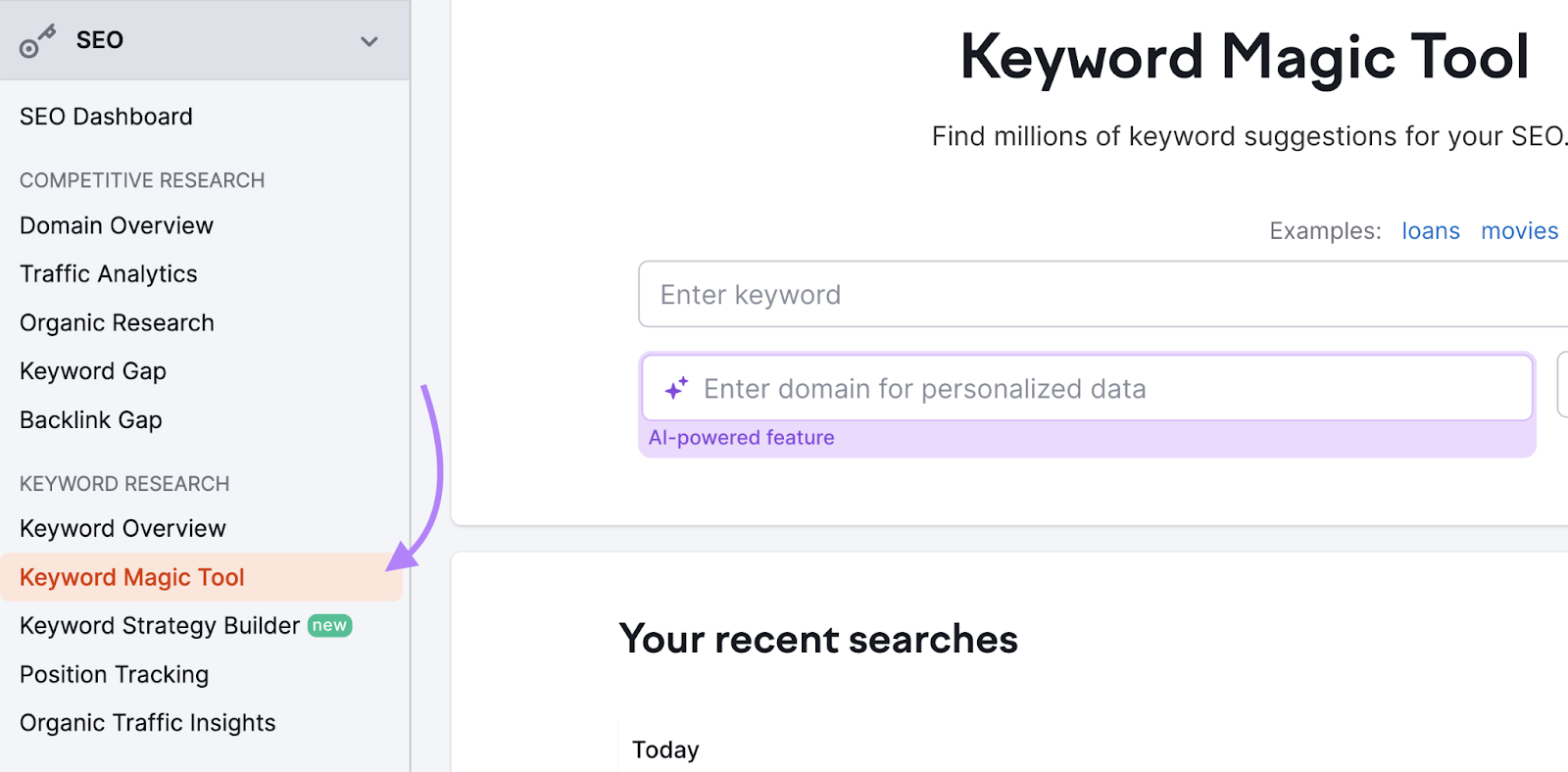 keyword magic tool in semrush navigation