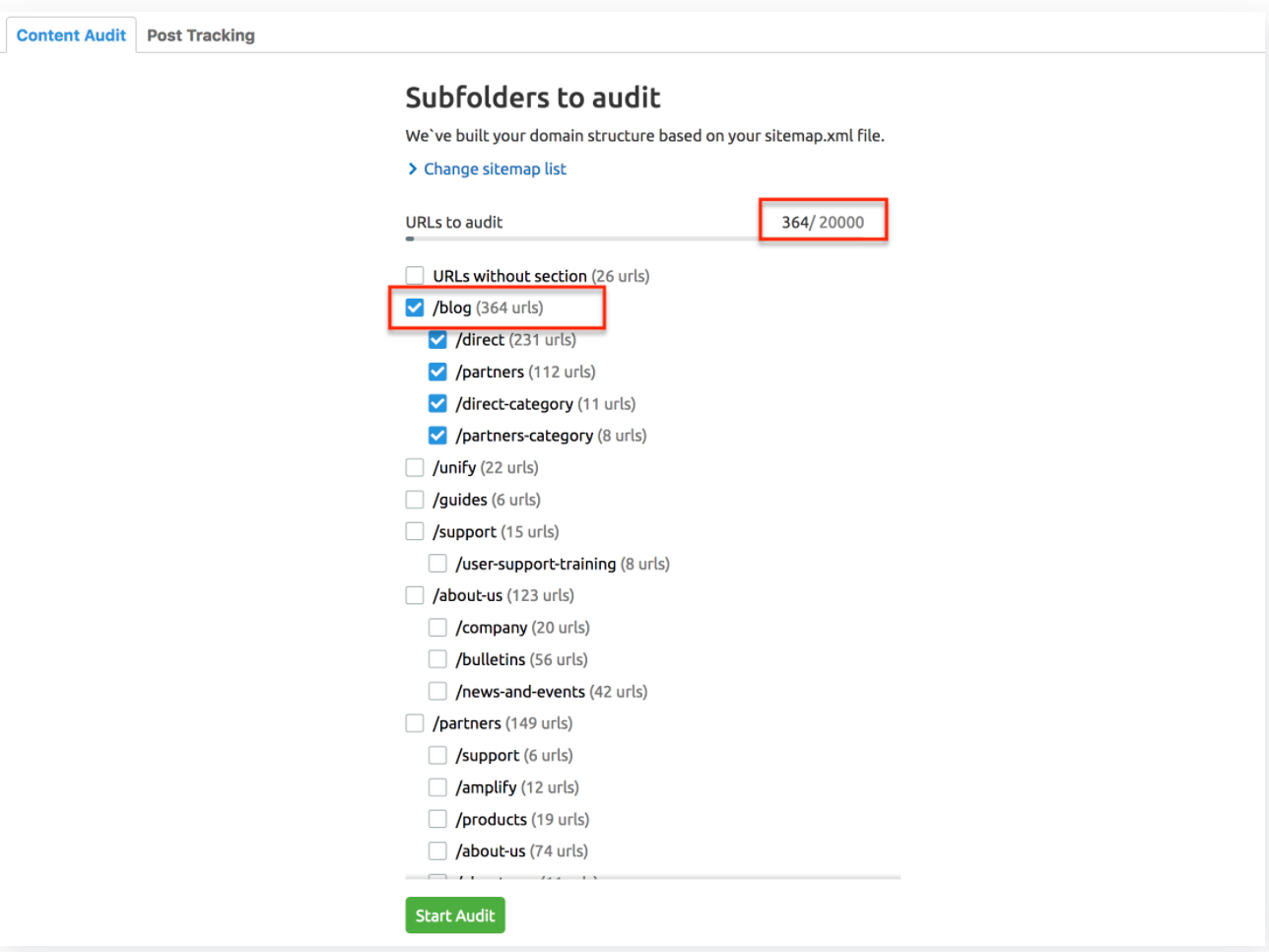 ferramenta content audit - seleção de subpastas