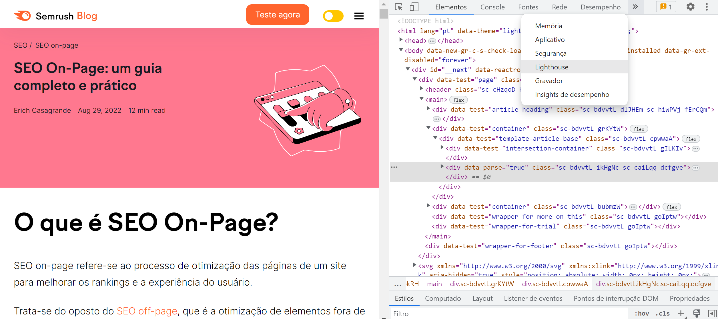 Como usar o Google Lighthouse para melhorar a velocidade do site 3 opção lighthouse no código da página