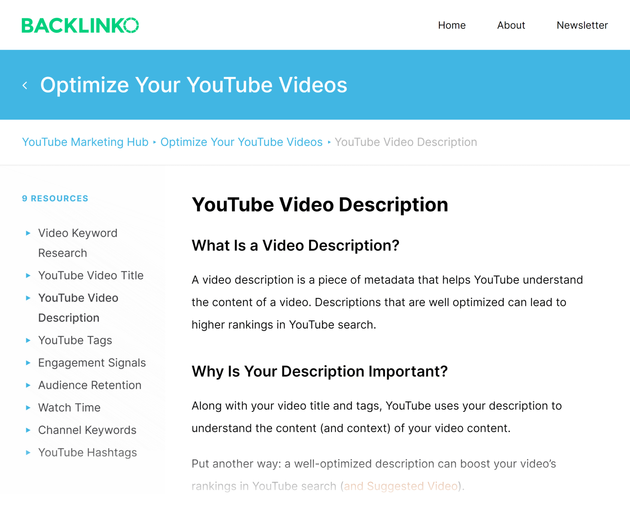 Backlinko – Hub – YouTube video description