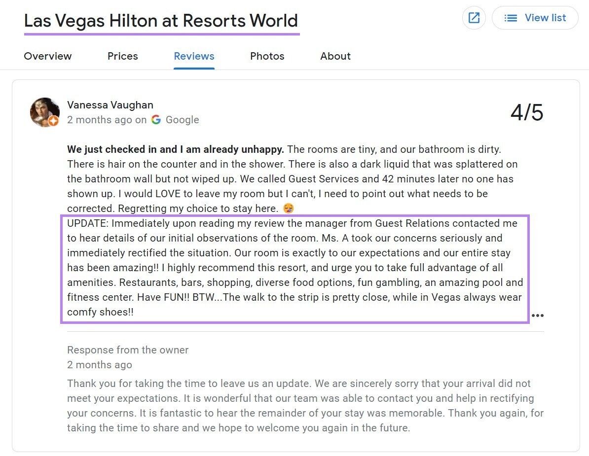 original and updated review on Las Vegas Hilton at Resorts World by a customer