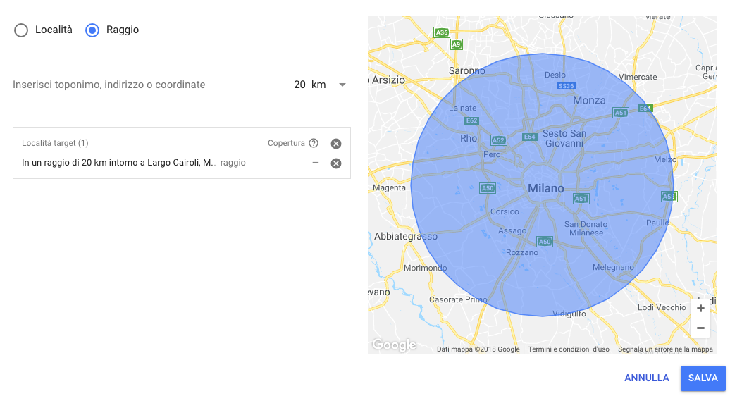 Opzione di geo targeting per raggio nella Ricerca avanzata di Google Ads