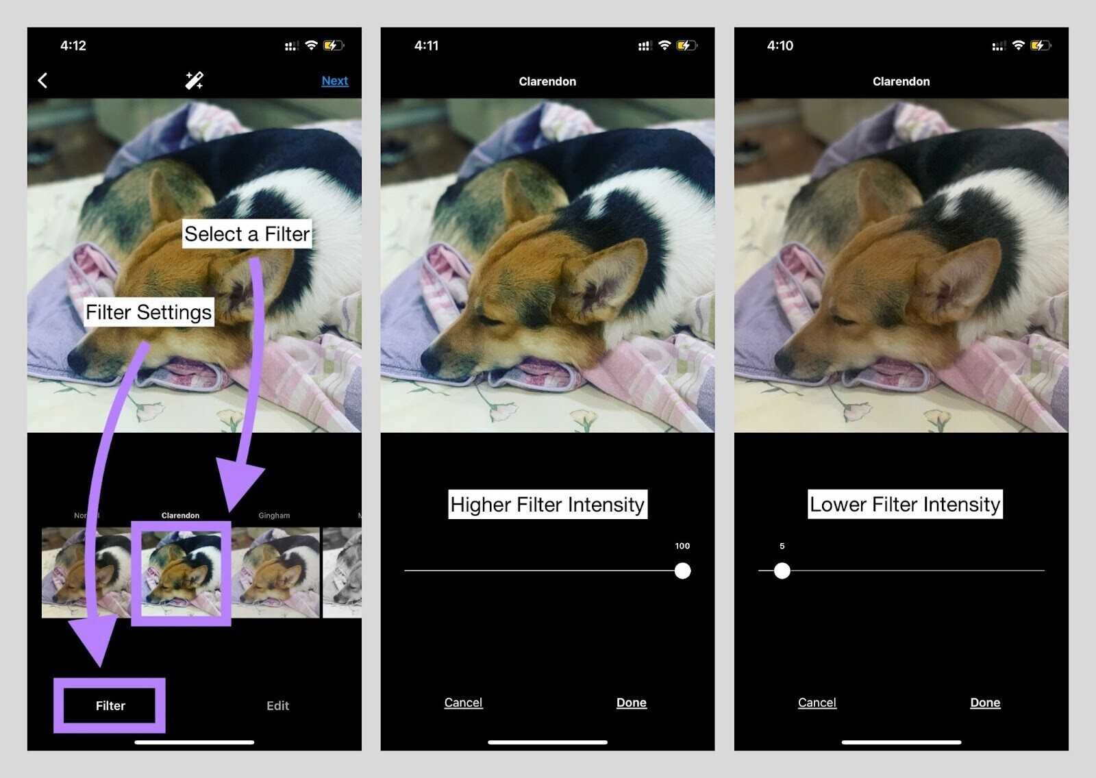 using “Filter Settings” and selecting a filter on Instagram