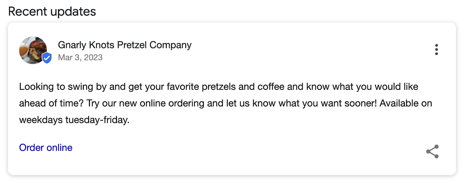 google my business post shows business has launched new online ordering