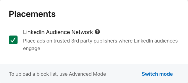 LinkedIn ad placement options with LinkedIn audience network checked