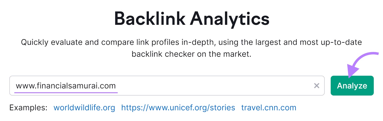 Backlink Analytics tool with "www.financialsamurai.com" in the text field and the "Analyze" button highlighted