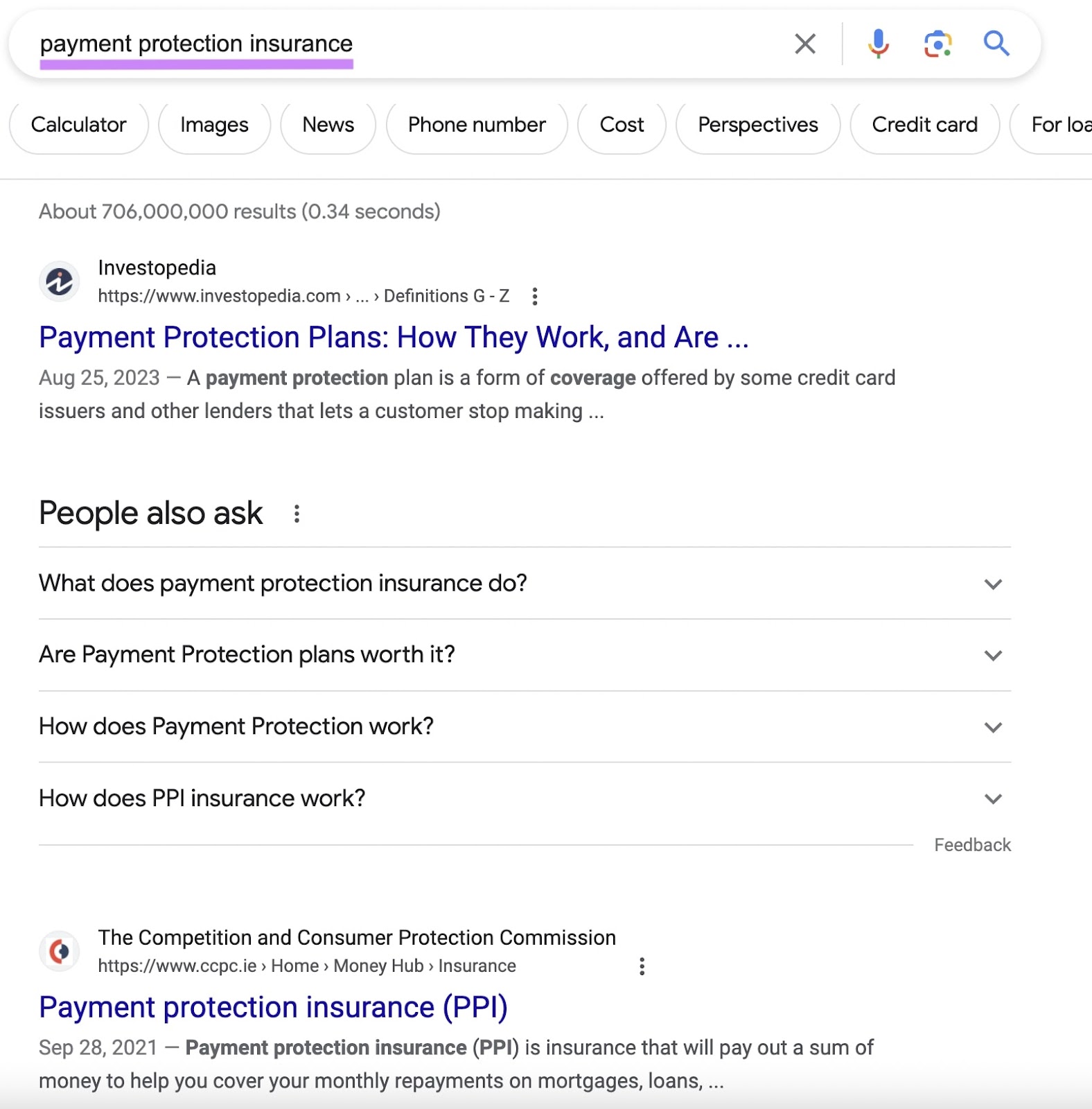 Google's SERP for “payment protection insurance" query