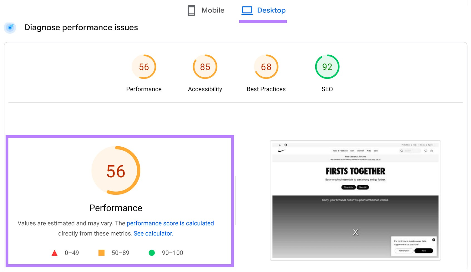 Performance score section of Google PageSpeed Insights