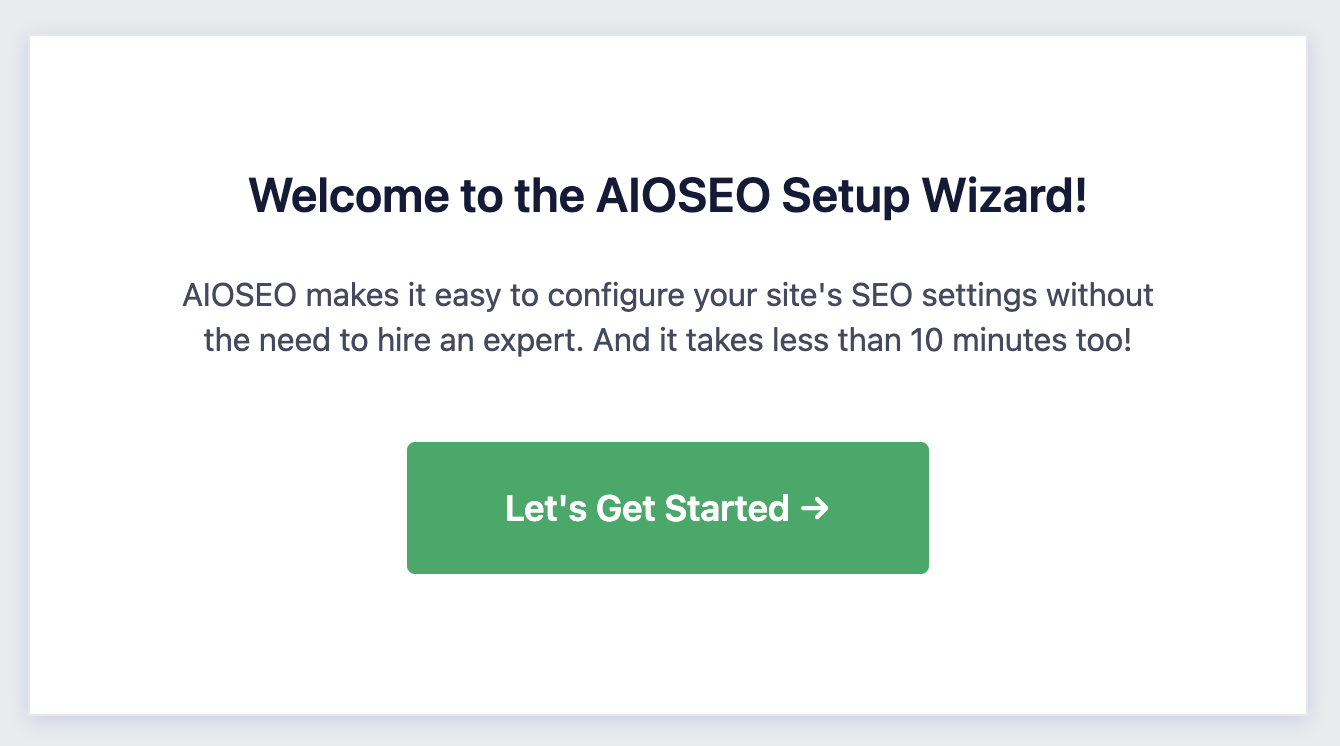 "Welcome to the AIOSEO Setup Wizard" page with "Lets Get Started" button