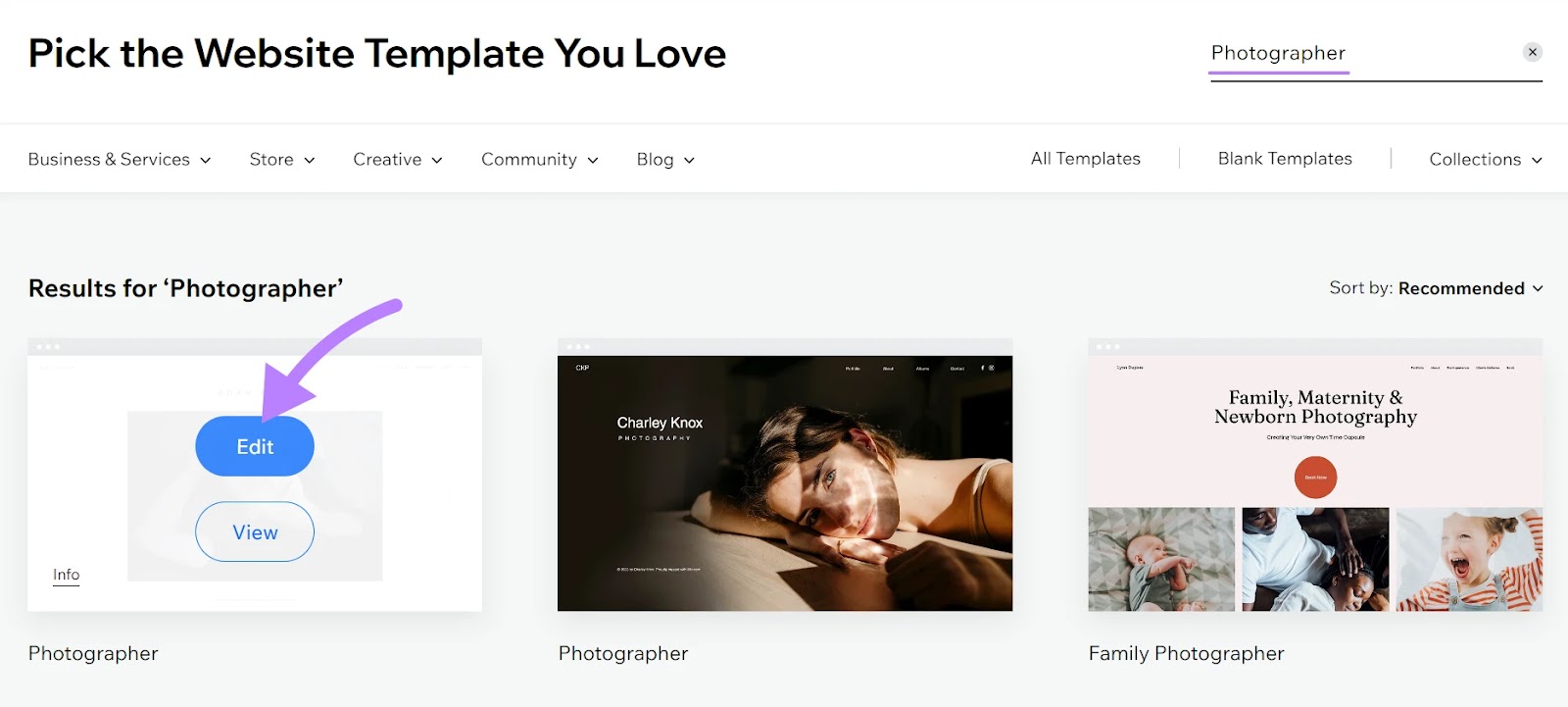Wix’s template library results for "photographer"