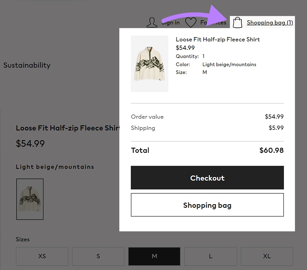 A screenshot of a Shopping bag containing one product