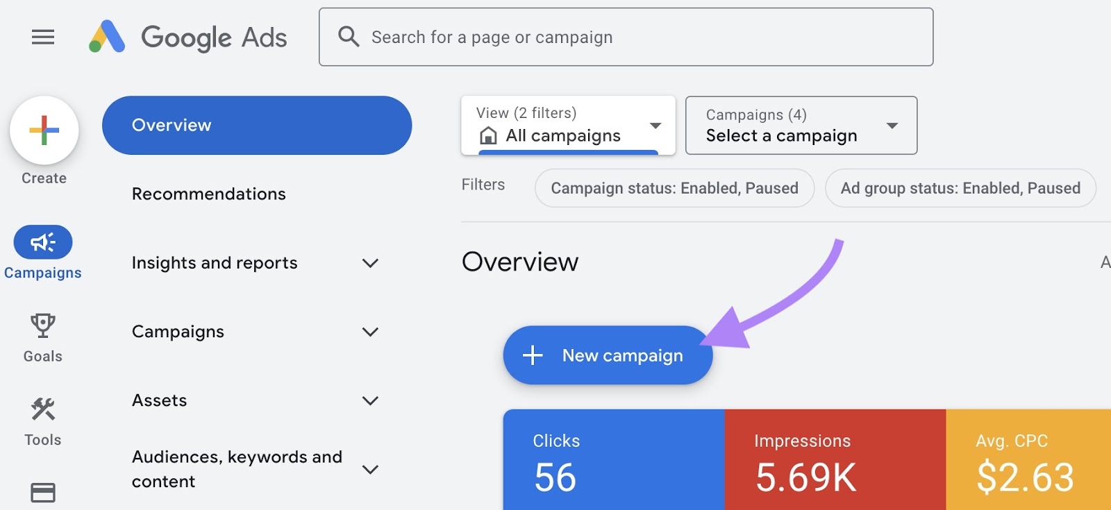Google Ads home with "+ New campaign" clicked.