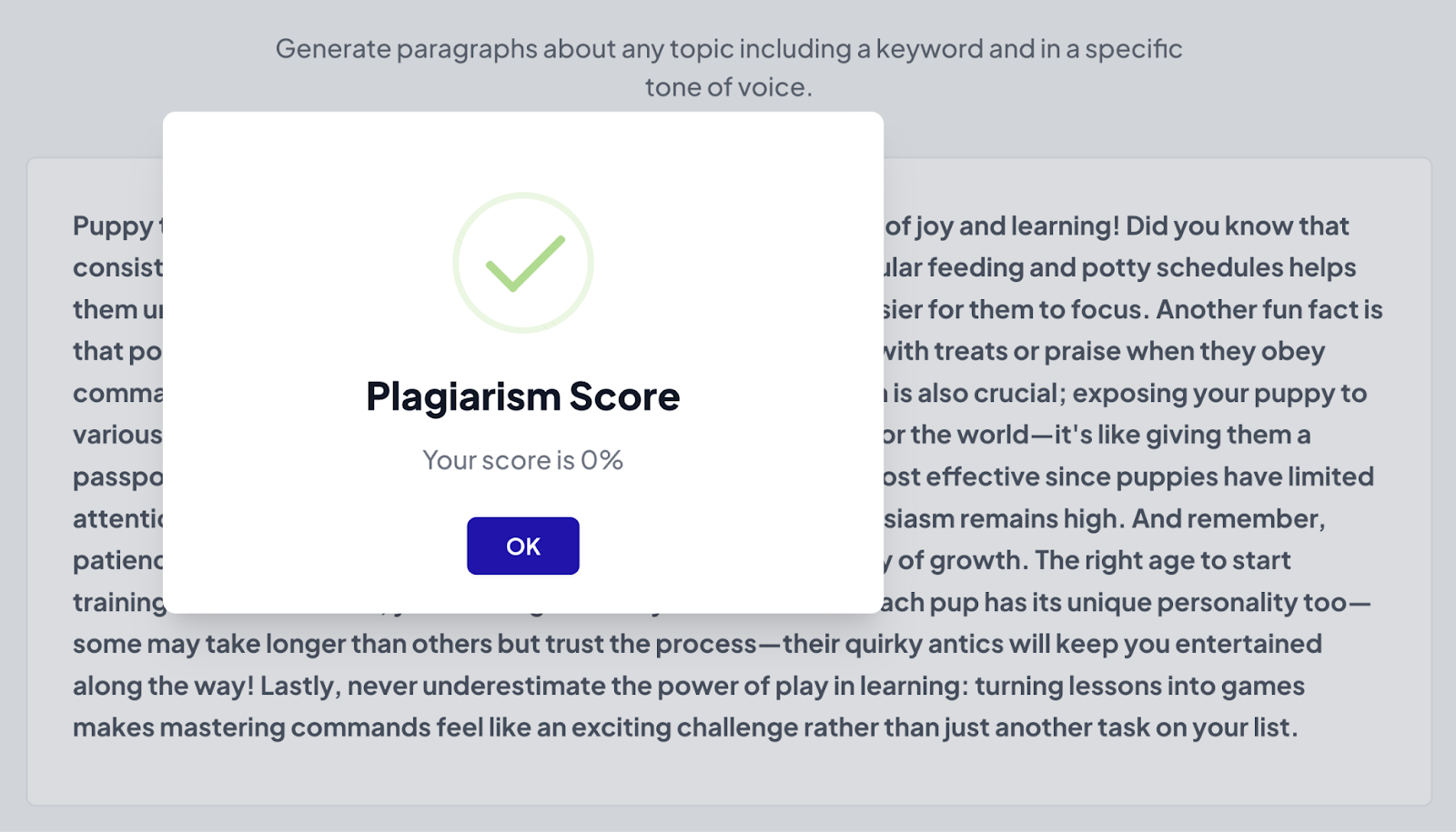 The plagiarism score for our text example is 0%.