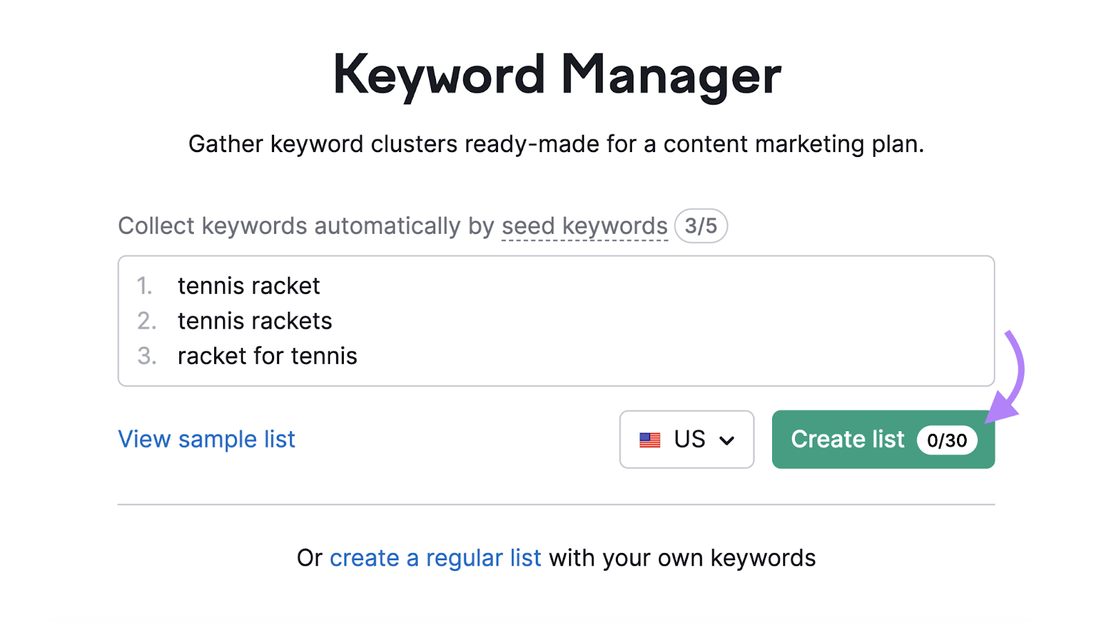 terms tennis racket, tennis rackets, and racket for tennis entered into keyword manager tool