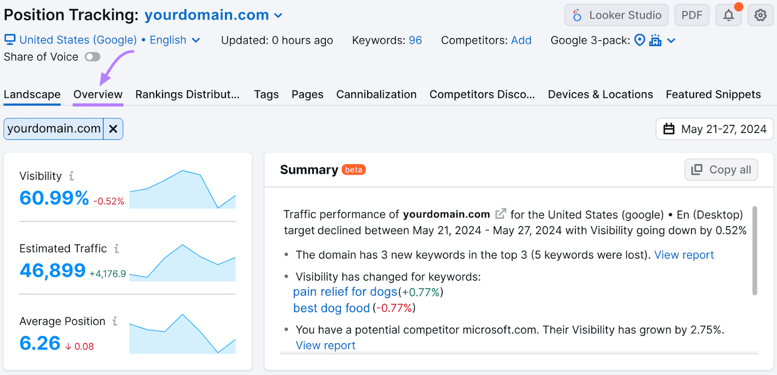 Position Tracking analytics for a domain, highlighting successful  purple the "Overview" tab.