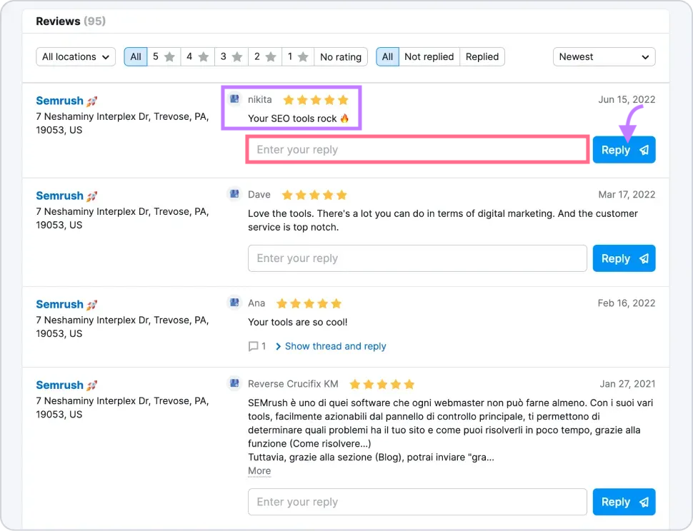 "Reviews" section under Semrush’s Review Management tool