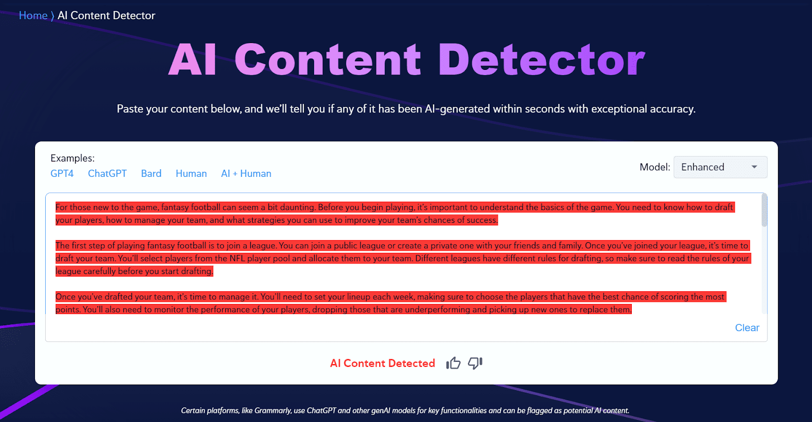 Copyleaks AI content detector showing AI content detected in sample text.