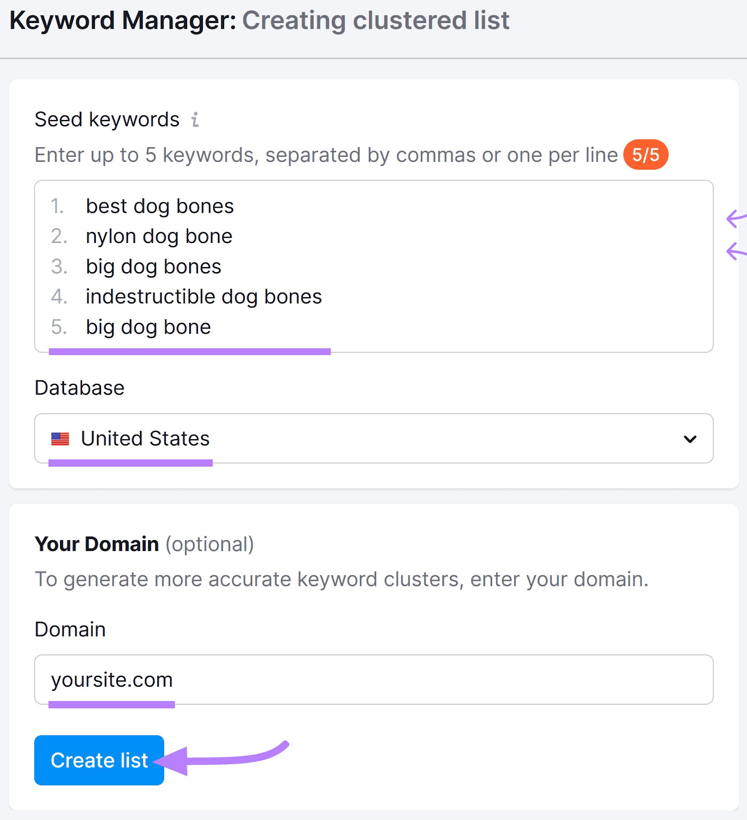 "Keyword Manager: Creating clustered list" screen