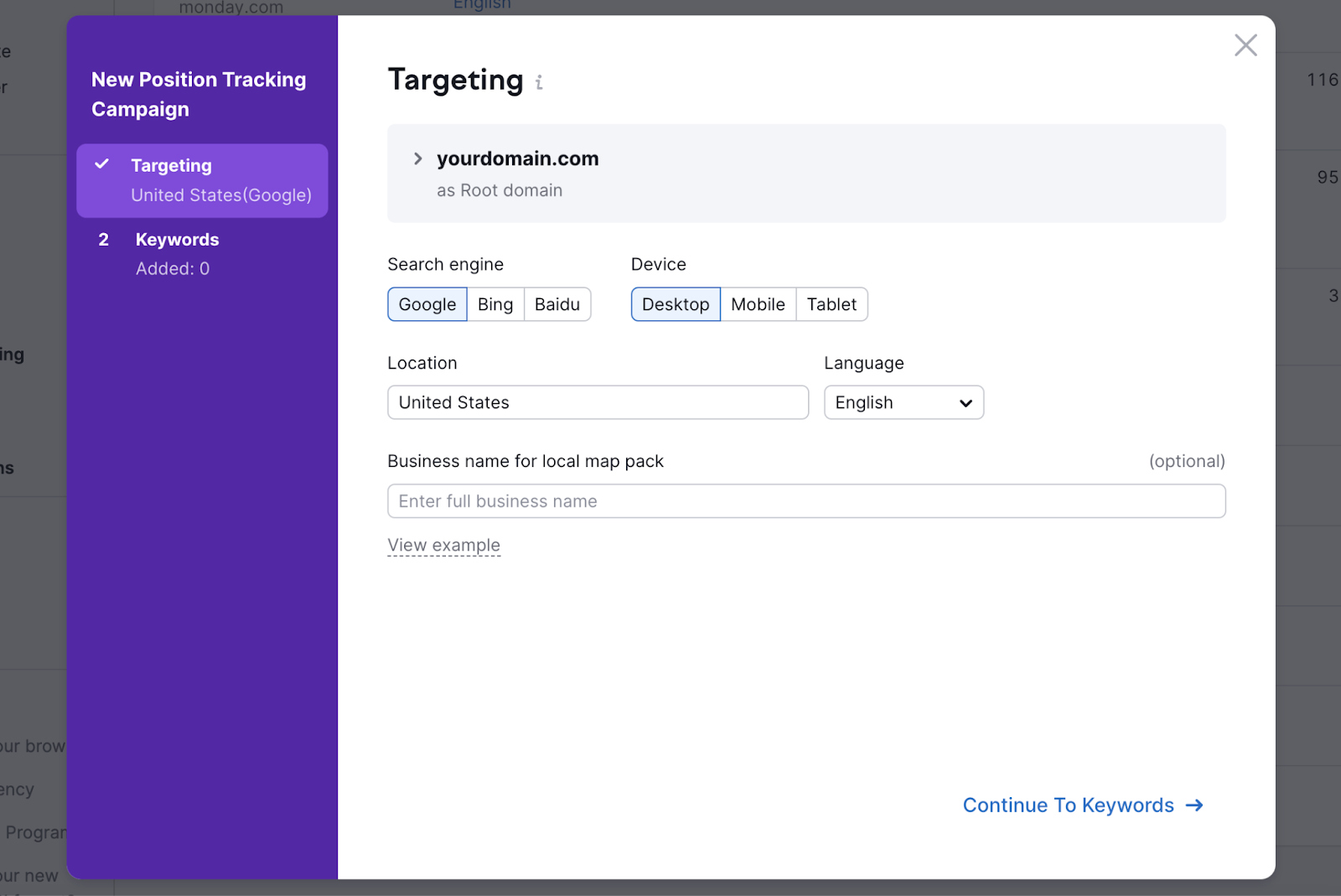 Targeting setup screen