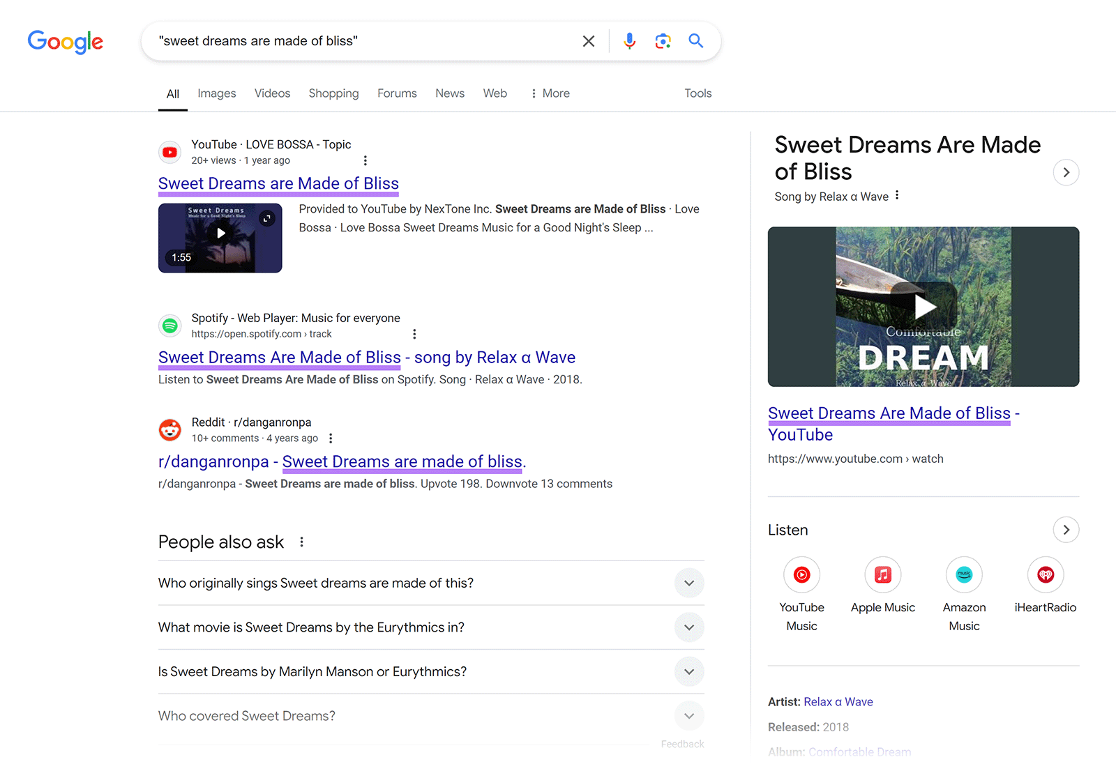 Exact match search results for 'sweet dreams are made of bliss' with matching phrase in each result highlighted