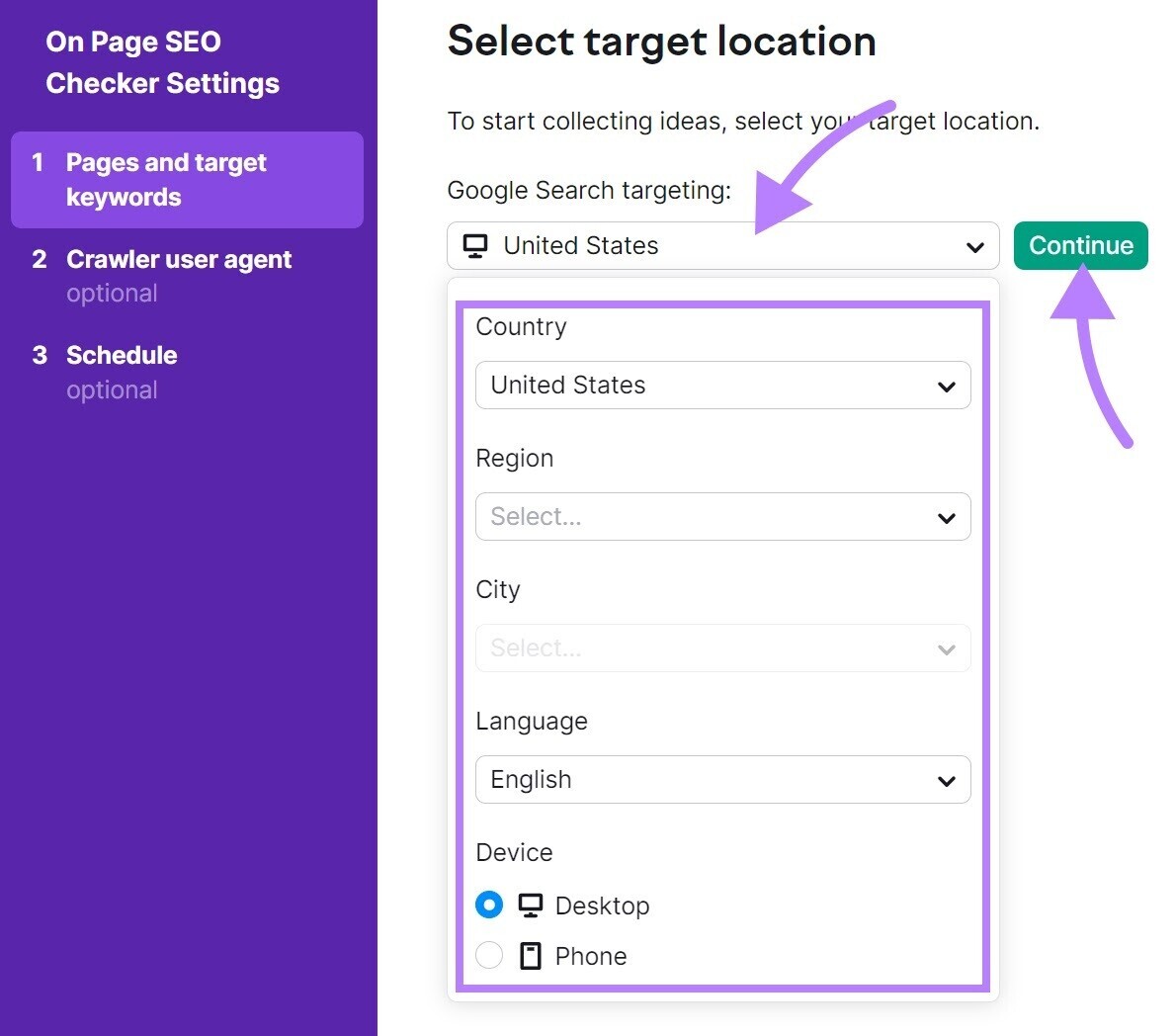 "Select target location" window in On Page SEO Checker Settings