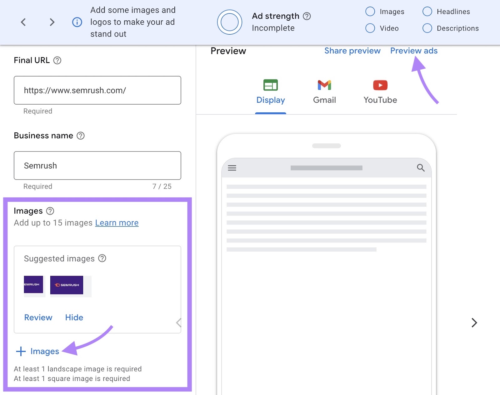 Adding images for a Google display ad with the "Images" section and "Preview ads" button highlighted.