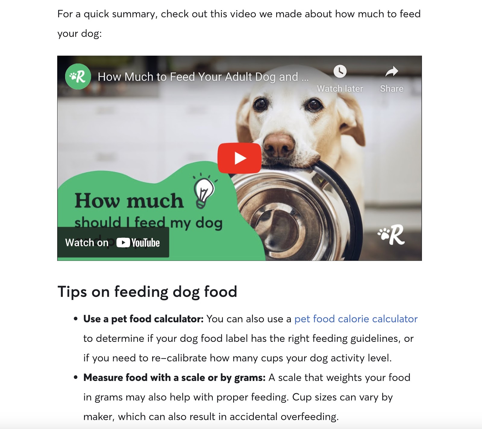 Rover’s video connected  the canine  feeding guide, embedded successful  the article