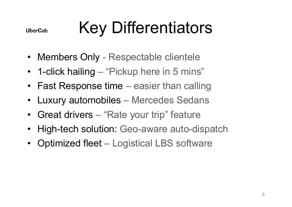 Key differentiators highlighted in UberCab pitch deck.