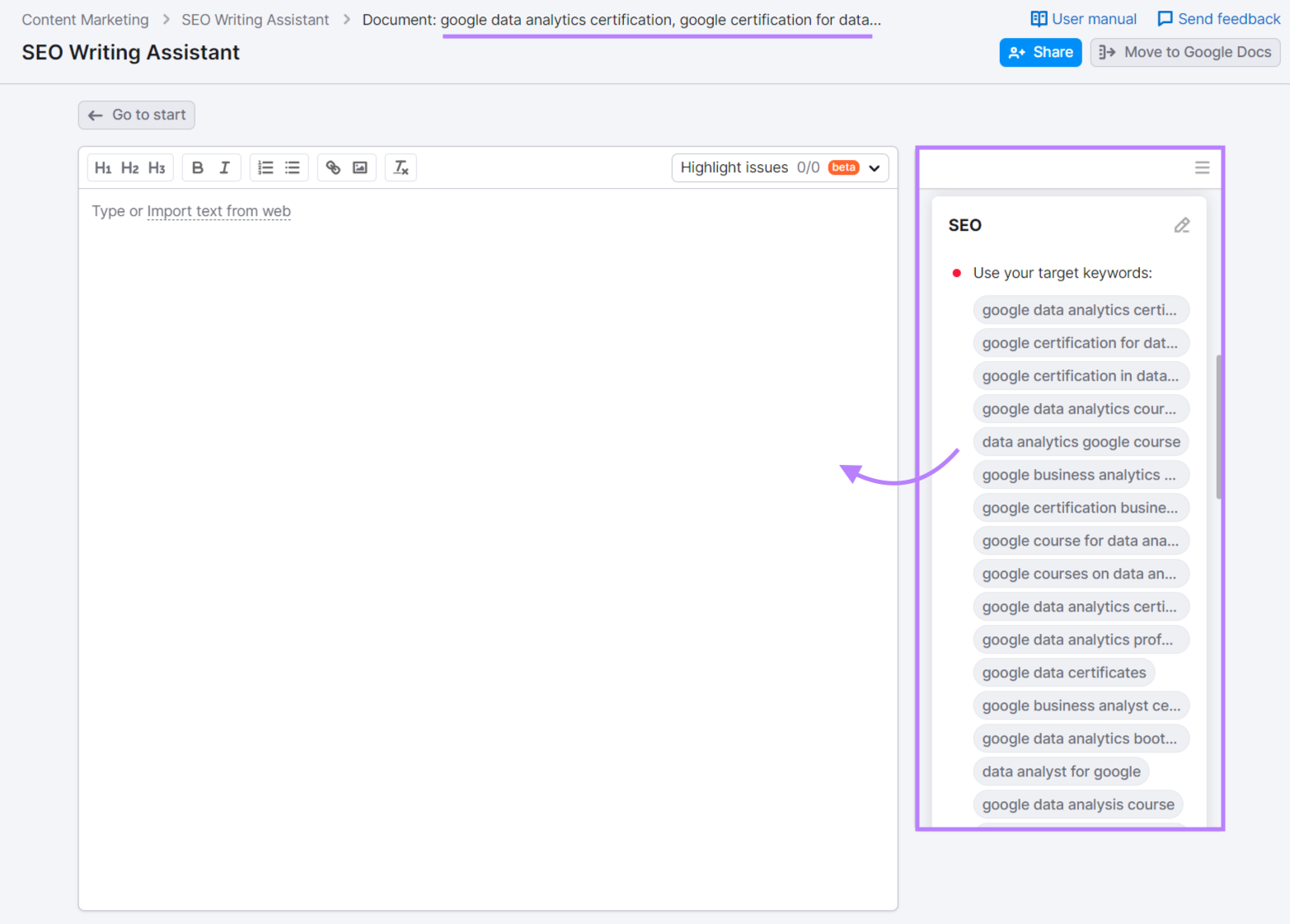 text editor in Semrush’s SEO Writing Assistant