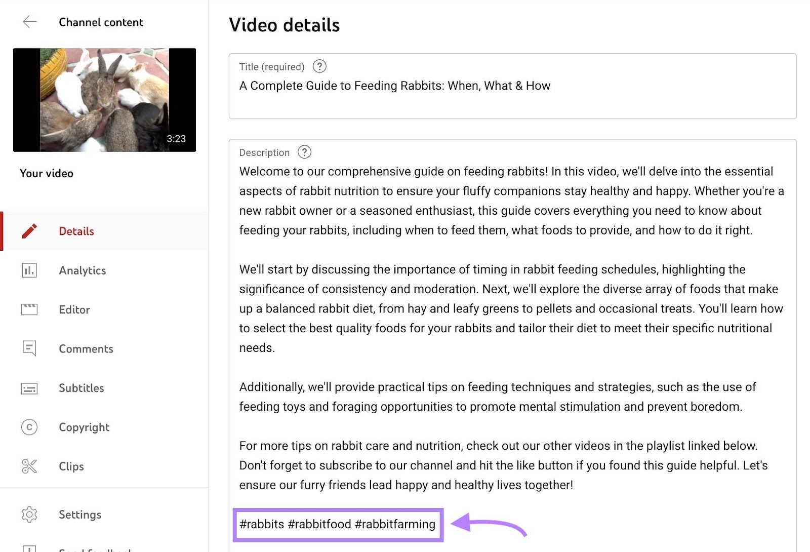 Video details page on Youtube Studio with the hashtags at the end of the description highlighted.