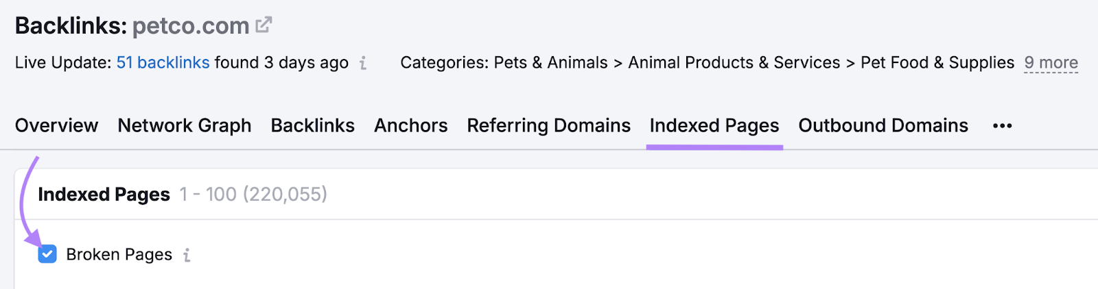 Broken Pages in Backlink Analytic's indexed pages report