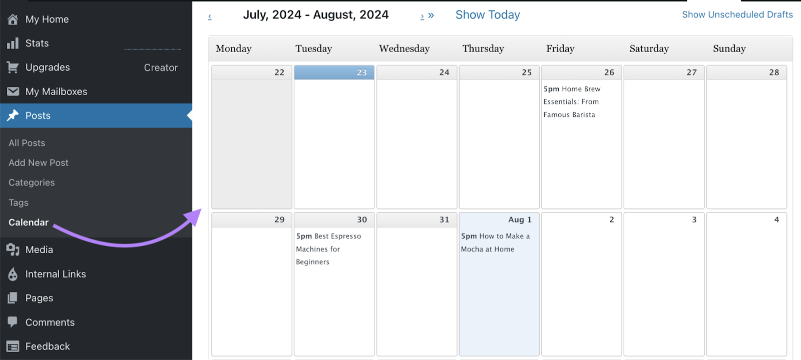 WordPress contented  calendar shows scheduled posts