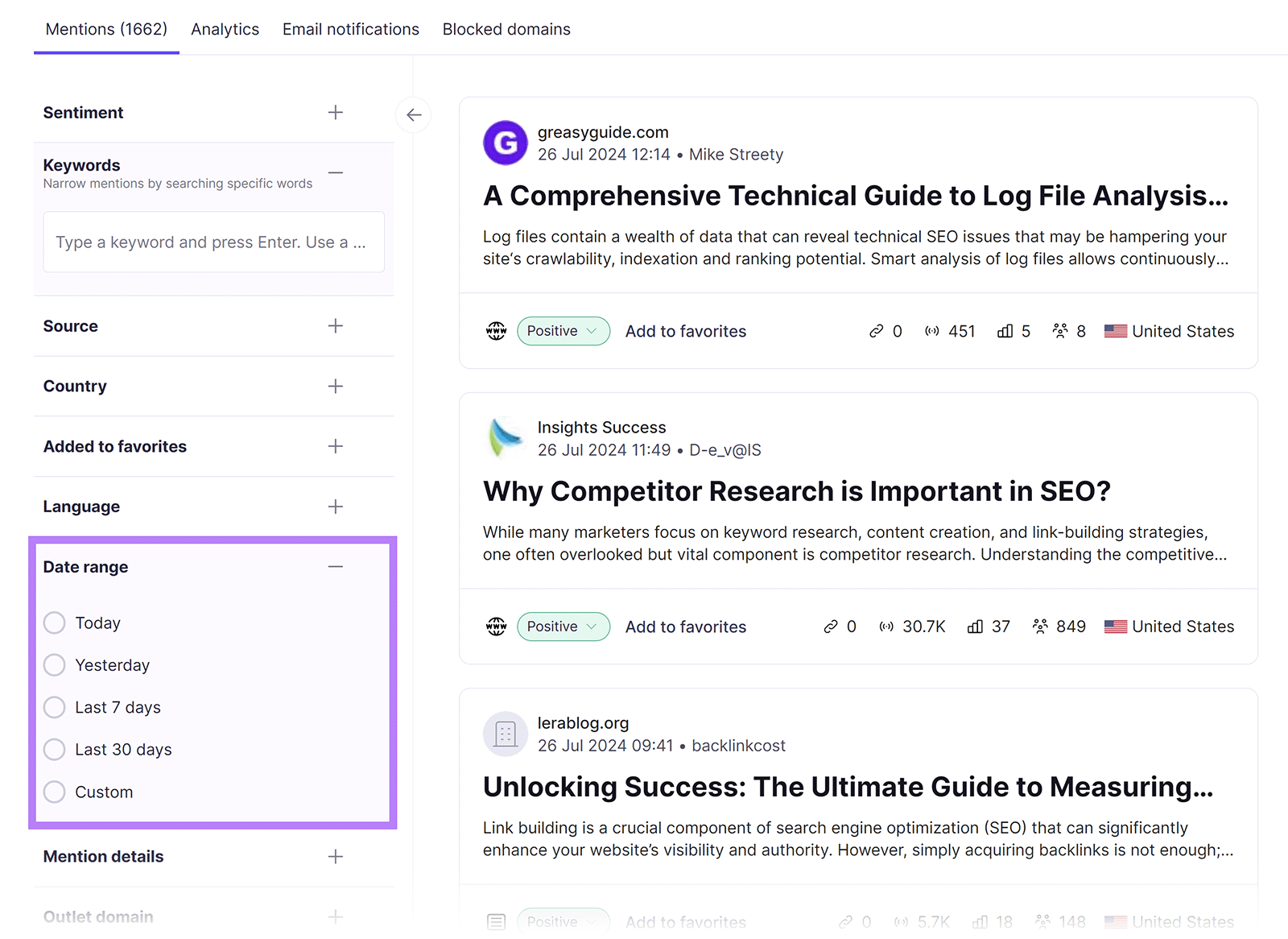 Date scope  filter expanded and highlighted